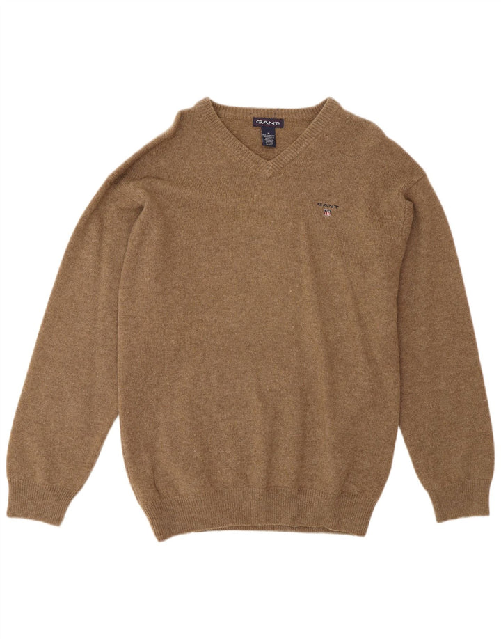 Gant Mens V-Neck Jumper Sweater Medium Brown Flecked Lambswool
