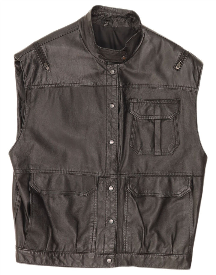 vintage Femmes Loose Fit Cuir Gilet EU 38 Moyen Noir