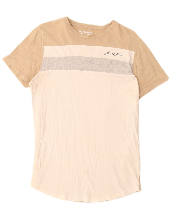 JACK & JONES Mens T-Shirt Top Medium White Colourblock Cotton
