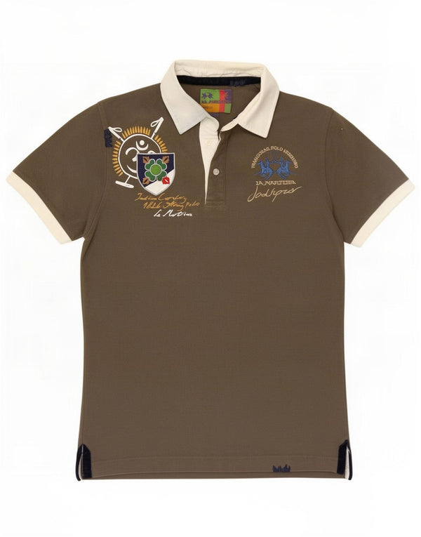 La Martina Mens Graphic Rugby Polo Shirt Small Brown Colourblock Cotton