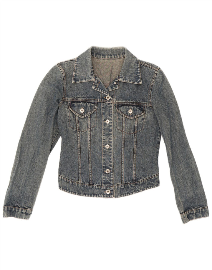 Giacca in denim vintage da donna corta UK 4 XS blu