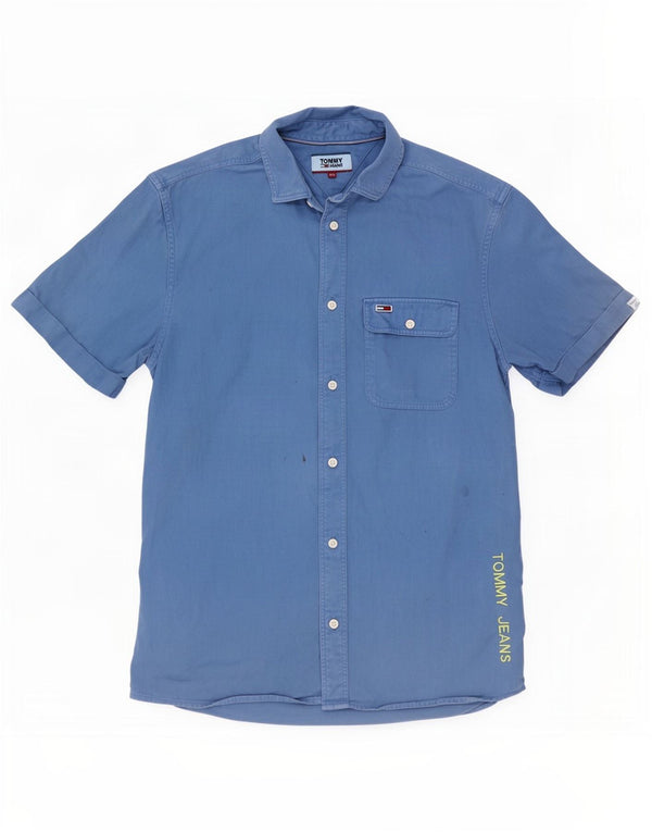 Camicia in denim a maniche corte con grafica da uomo Tommy Hilfiger XS in cotone blu