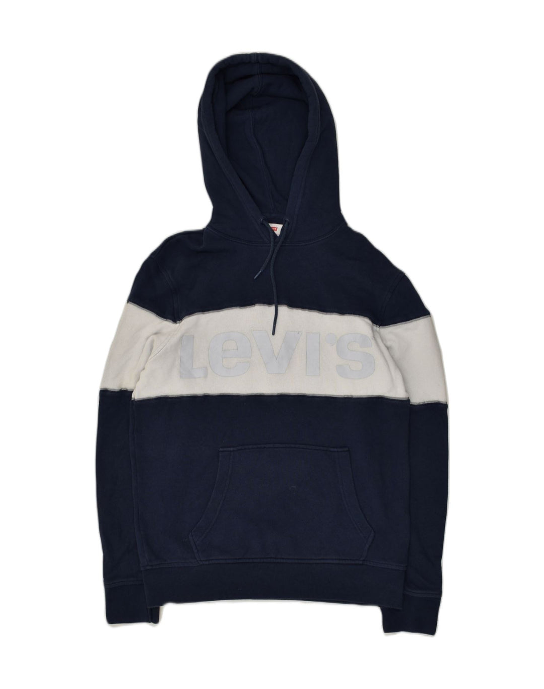 LEVI'S Mens Graphic Hoodie Jumper Small Navy Blue Colourblock Cotton | Vintage Levi's | Thrift | Second-Hand Levi's | Used Clothing | Messina Hembry 