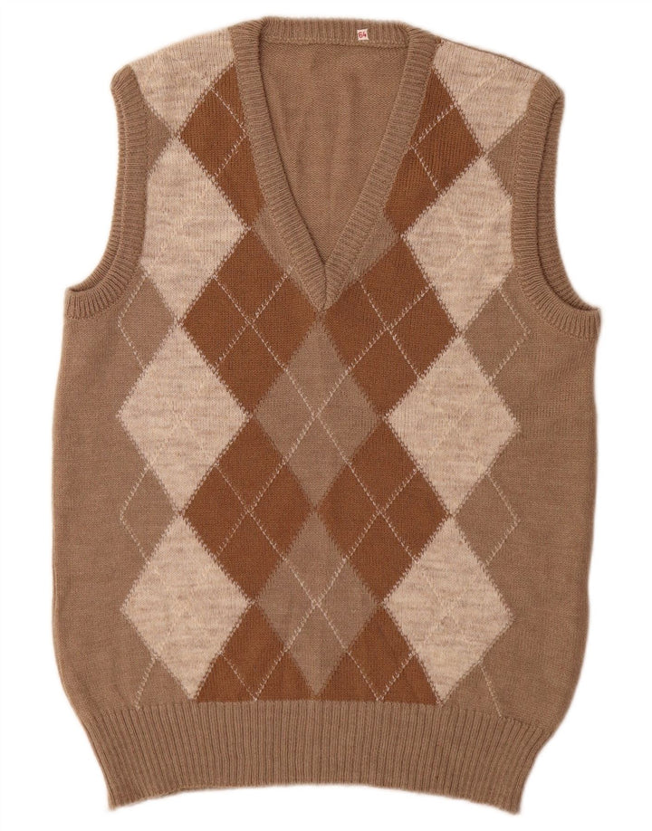 Vintage Mens Vest Tank Top Small Beige Argyle/Diamond Acrylic