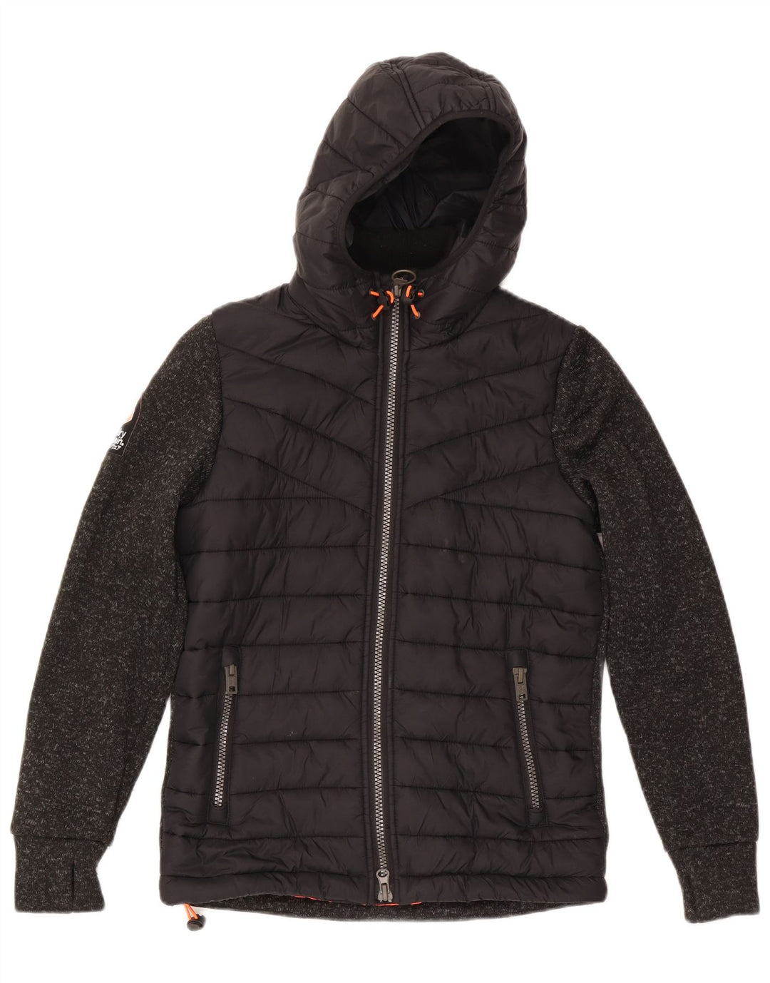 Superdry Womens Hooded Padded Jacket UK 14 Medium Black Flecked Polyester