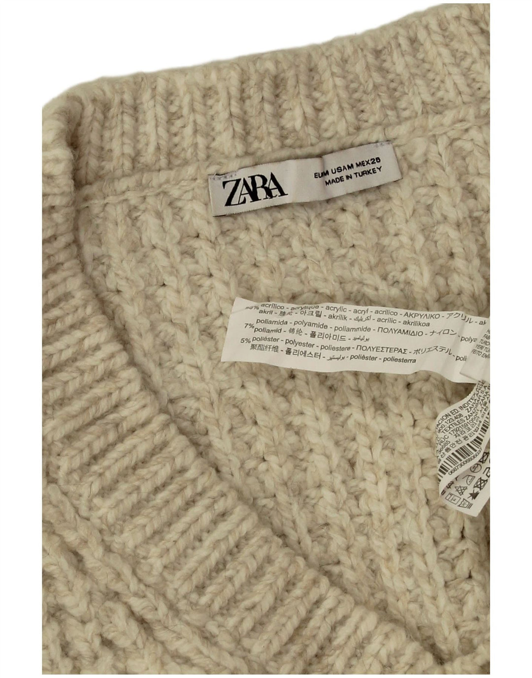 Übergroßer Pullover mit V-Ausschnitt von Zara für Damen, UK 14, mittelbeigefarbenes Acryl