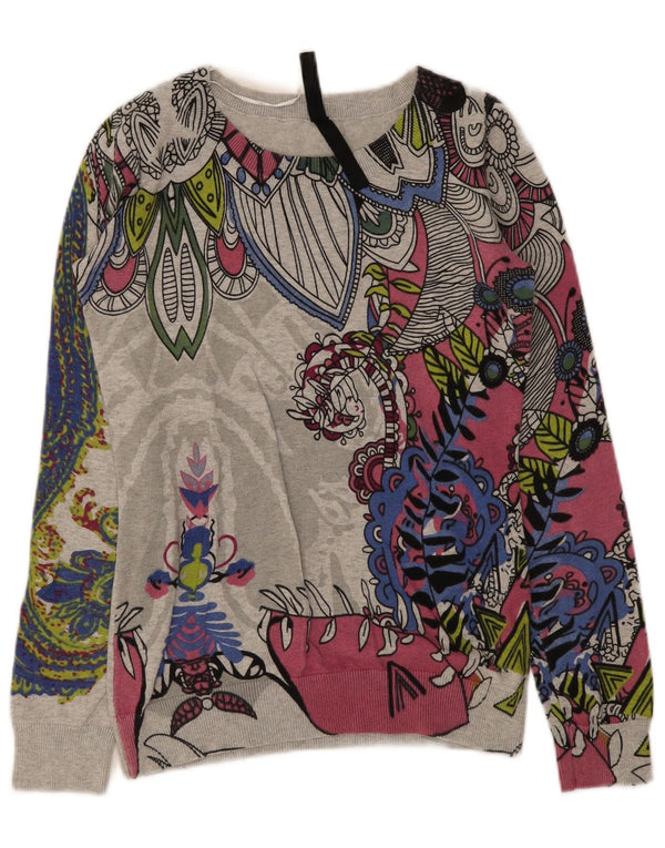 Desigual Womens Graphic Boat Neck Jumper Sweater UK 10 Small Grey Paisley