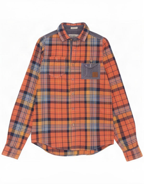 Vintage Mens Classic Fit Flannel Shirt Small Orange Check Cotton
