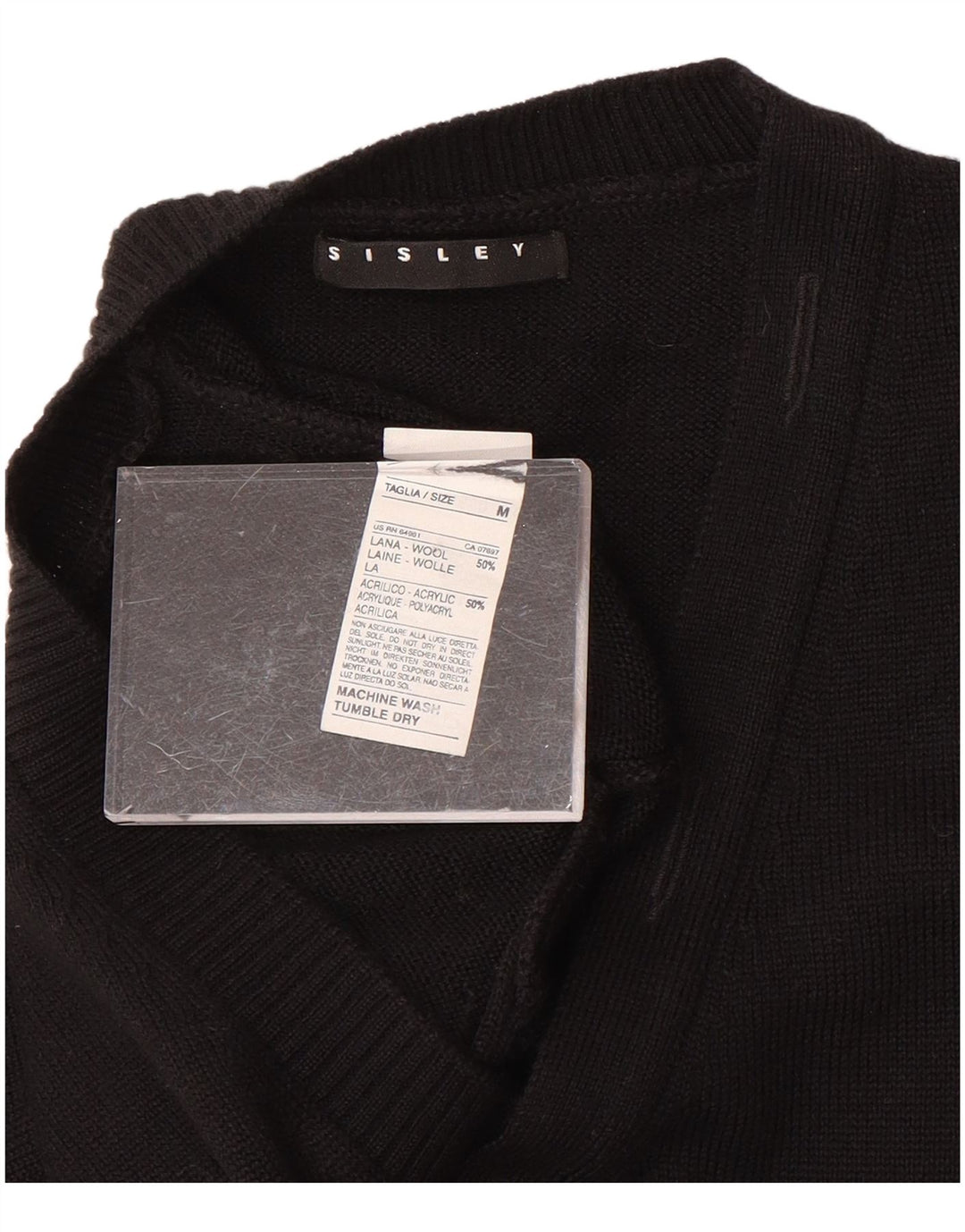 SISLEY Dame V-hals sweater UK 14 Medium Sort Uld