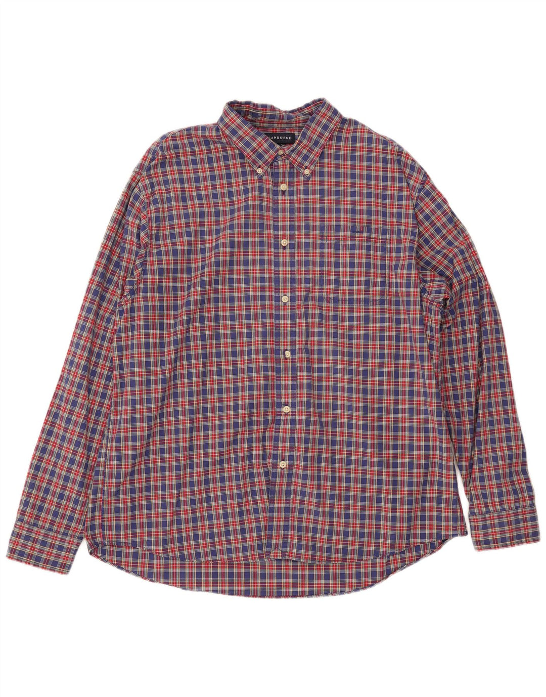 LANDS END Mens Flannel Shirt XL Red Check Cotton