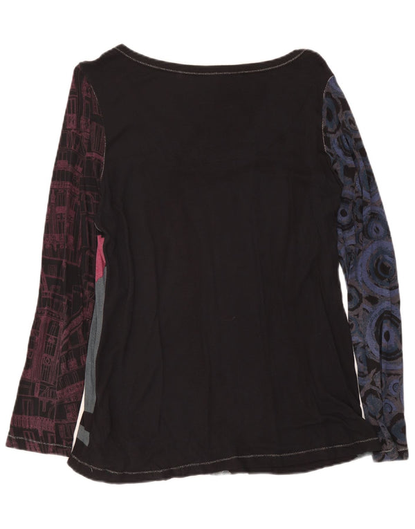Desigual Womens Graphic Top Long Sleeve UK 14 Medium Black Floral Viscose