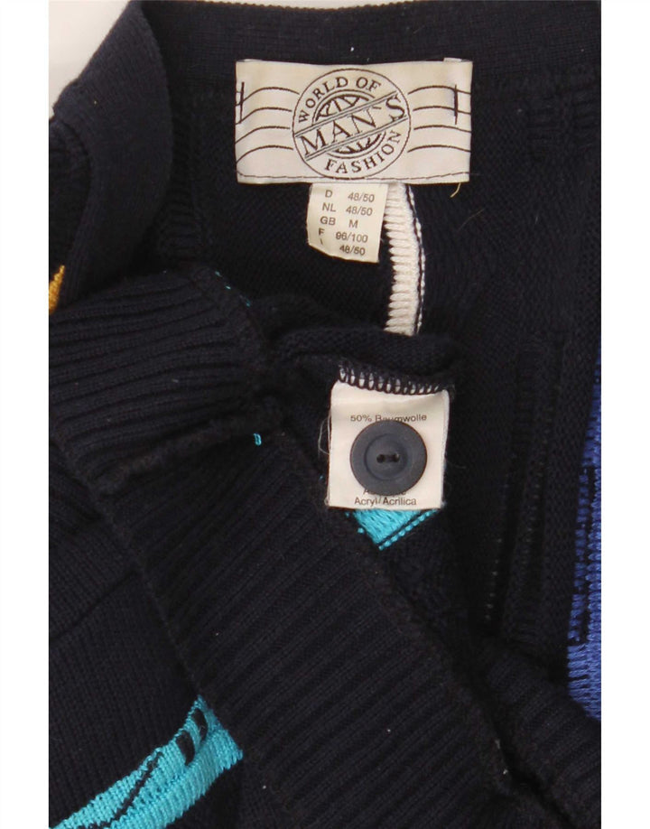 Vintage Mens Cardigan Sweater Medium Navy Blue Striped Cotton