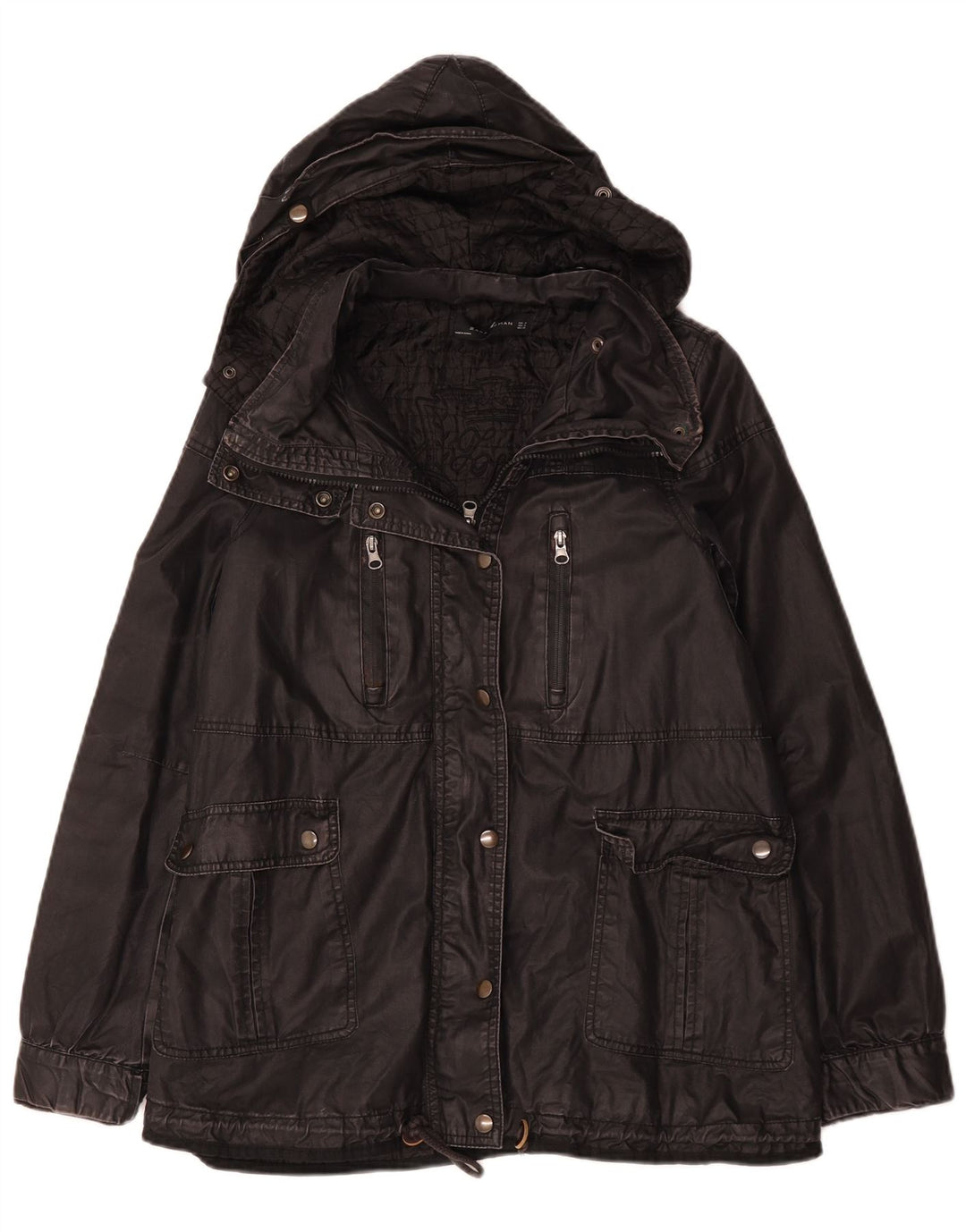 Zara Womens Hooded Waxed Cotton Jacket UK 14 Medium Black