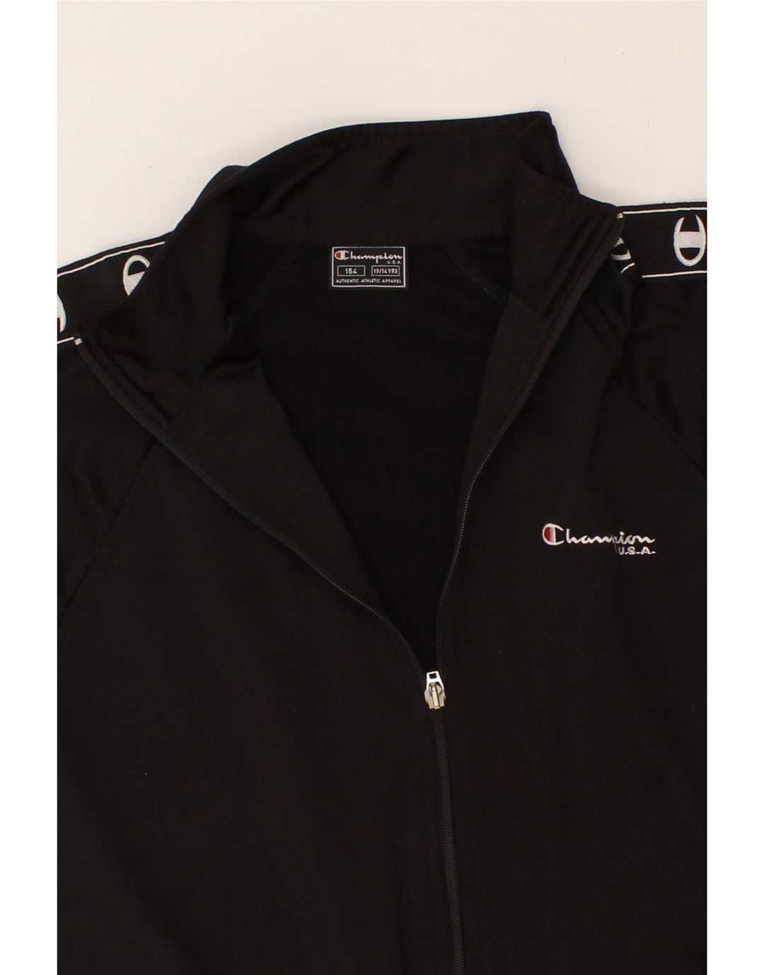 CHAMPION Boys Graphic Tracksuit Top Jacket 13-14 Years Black Polyester Vintage Champion and Second-Hand Champion from Messina Hembry 