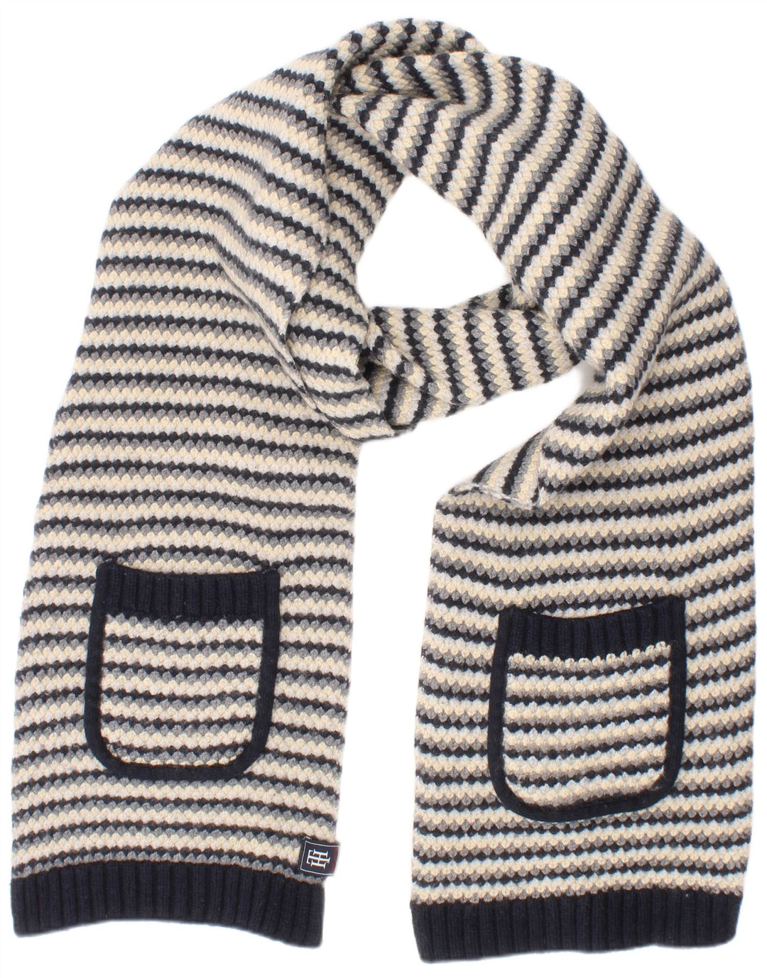 Tommy Hilfiger Womens Knit Rectangle Scarf One Size Navy Blue Striped Wool