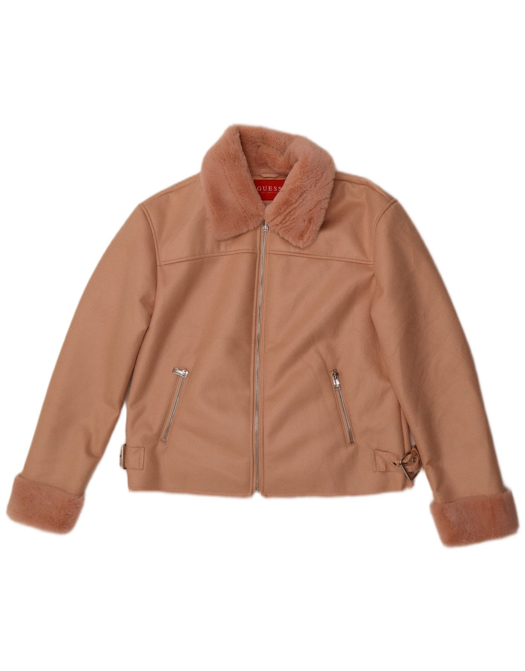 Guess Womens Faux Leather Sherpa Jacket UK 12 Medium  Pink Polyester