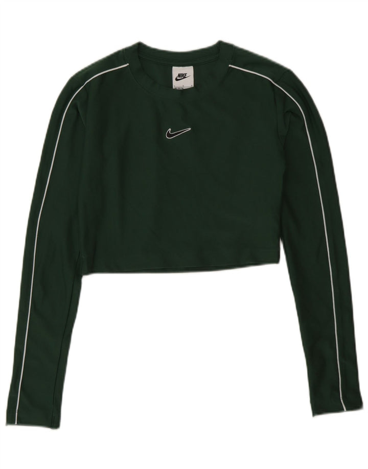 Nike Girls Crop Top Long Sleeve 12-13 Years Large Green Polyester