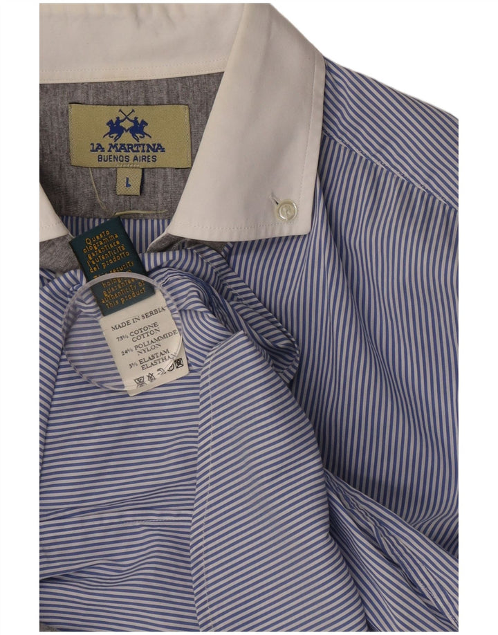 La Martina Mens Shirt Large Blue Striped Cotton