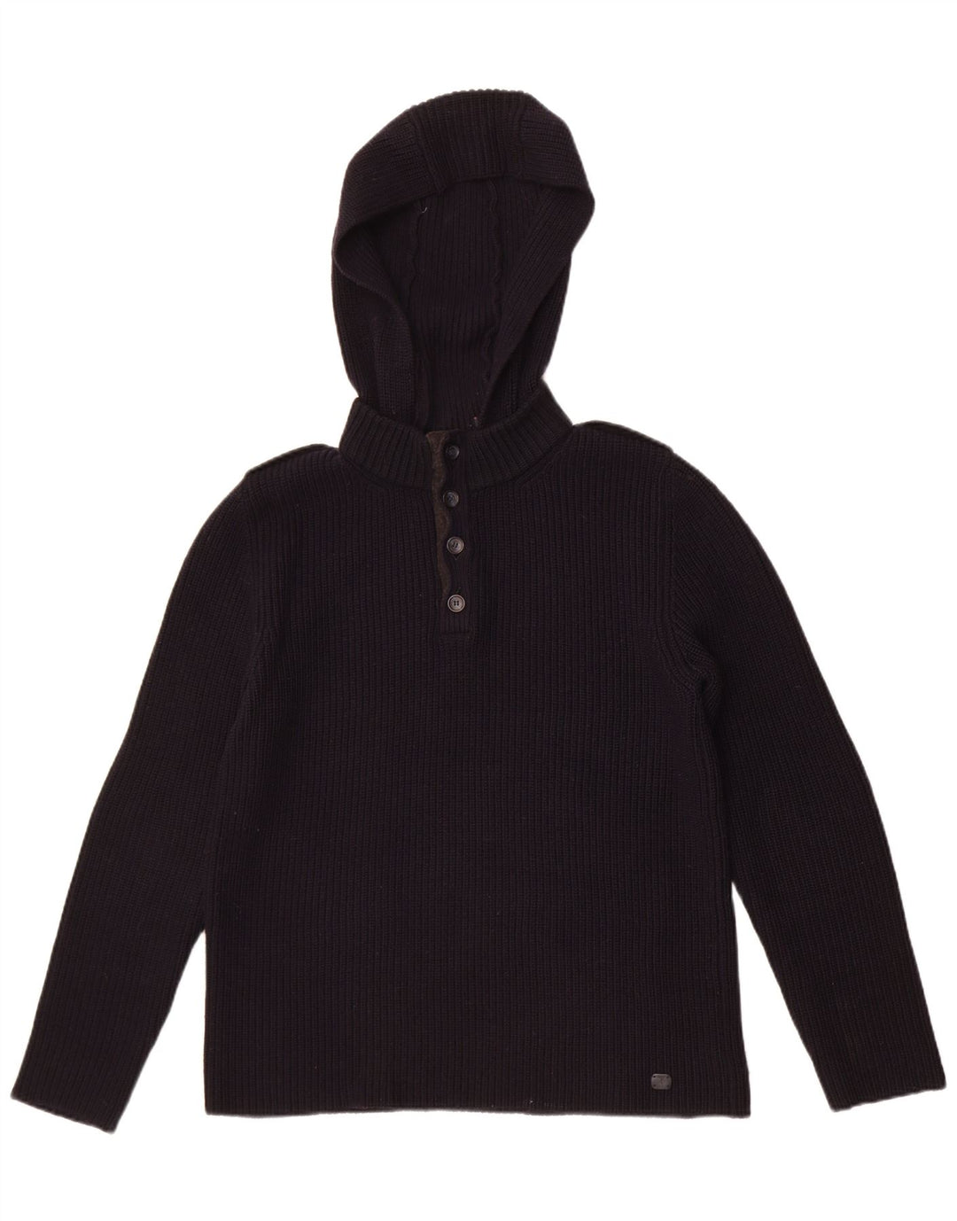Trussardi Mens Hooded Button Neck Jumper Sweater Medium Navy Blue Wool