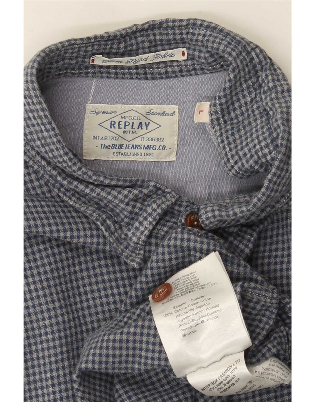 Replay Mens Flannel Shirt Large Blue Gingham Cotton