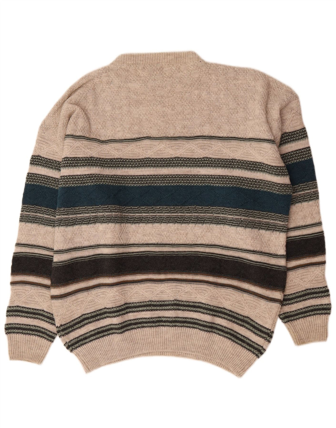 Iceland Mens Crew Neck Jumper Sweater Large Beige Striped Wool