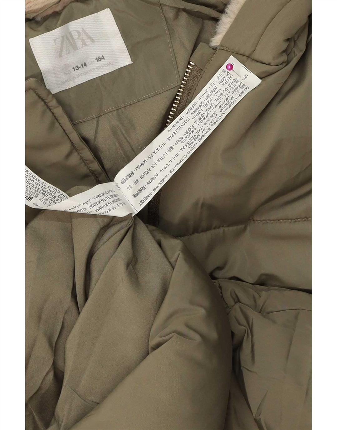 Zara Girls Hooded Padded Jacket 13-14 Years Green Polyester