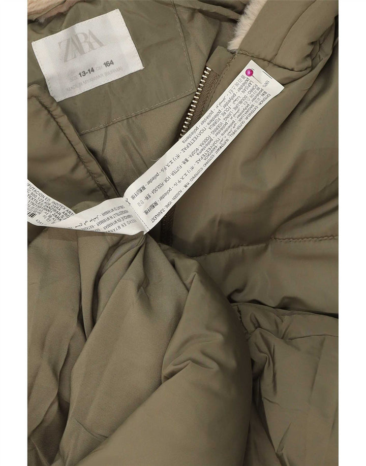 Zara Girls Hooded Padded Jacket 13-14 Years Green Polyester