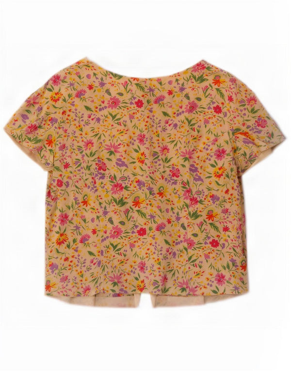 Blusa feminina vintage manga curta cropped UK 14 médio amarelo floral