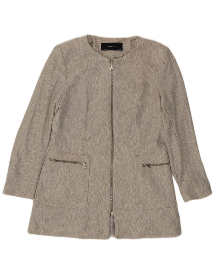 Zara Womens Full Zip Blazer Jacket UK 18 XL Grey Herringbone Cotton