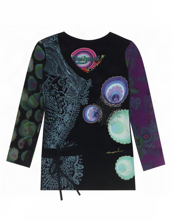 Desigual Womens Top Long Sleeve UK 12 Medium Black Floral Cotton