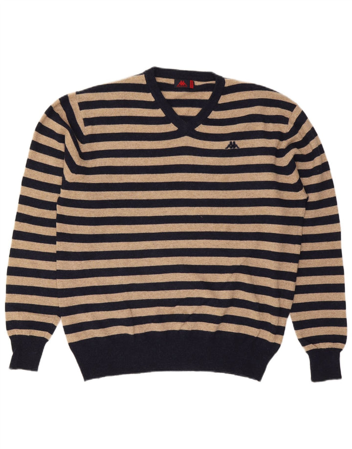 Kappa Mens V-Neck Jumper Sweater XL Beige Striped Wool
