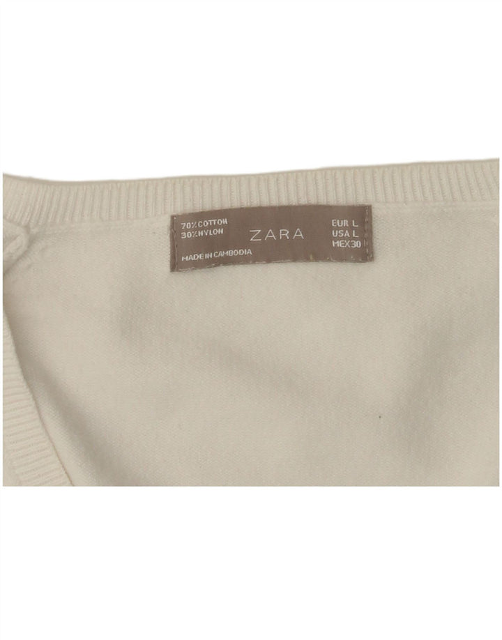 ZARA Womens V-Neck Jumper Sweater UK 14 Large White