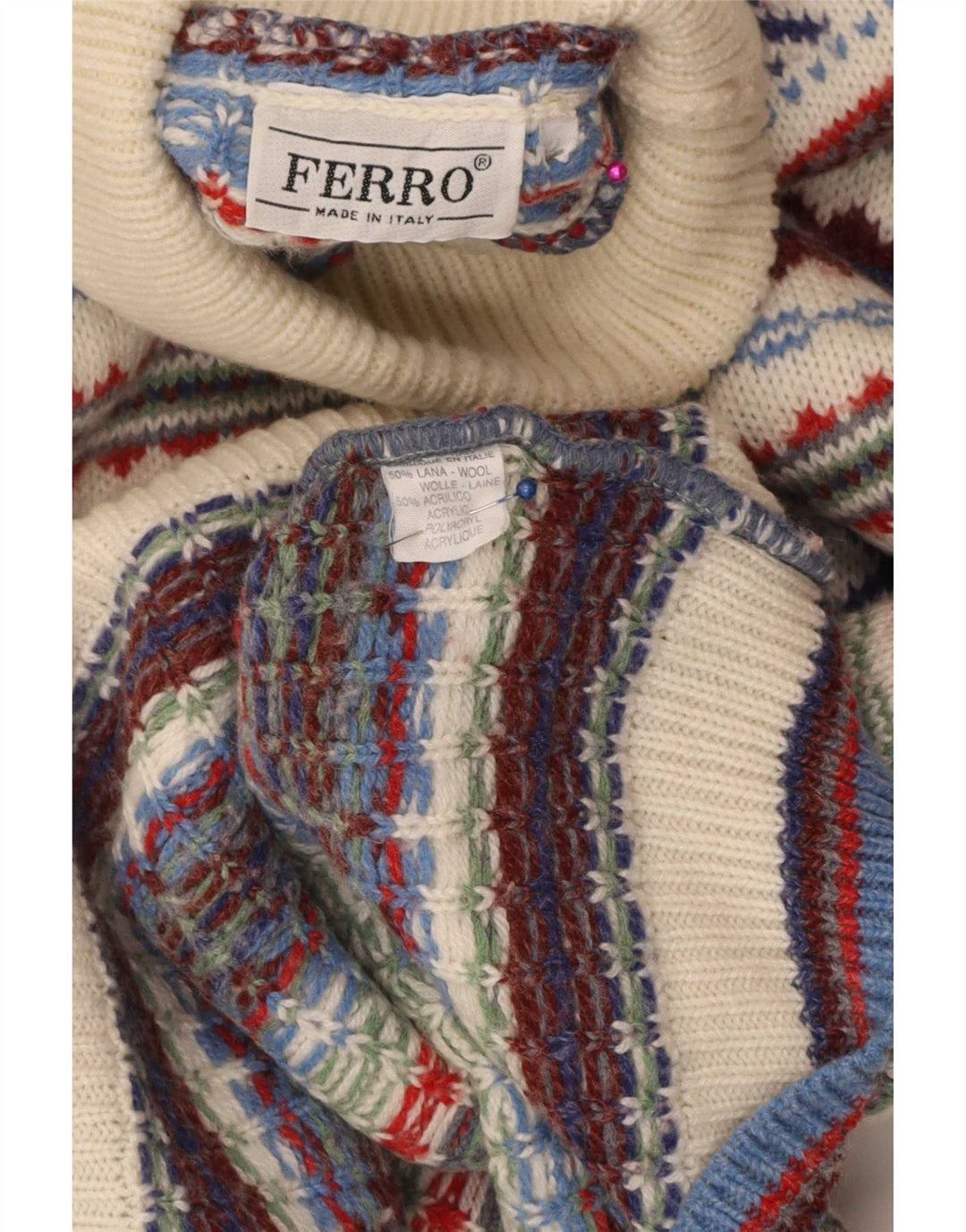Ferro Mens Roll Neck Jumper Sweater XL Multicolorido Fair Isle Wool