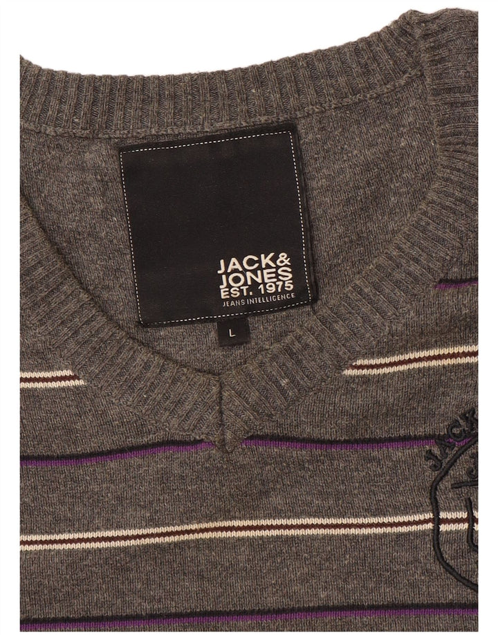 Jack & Jones Herren-Pullover mit grafischem V-Ausschnitt, groß, grau gestreift