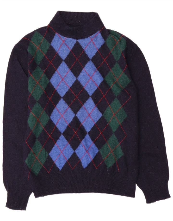 Vintage Mens Turtle Neck Jumper Sweater Medium Navy Blue Argyle/Diamond