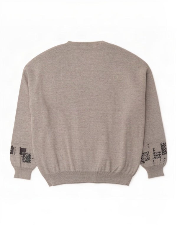 Bueckle Mens V-Neck Jumper Sweater EU 60 5XL Grey Geometric Virgin Wool