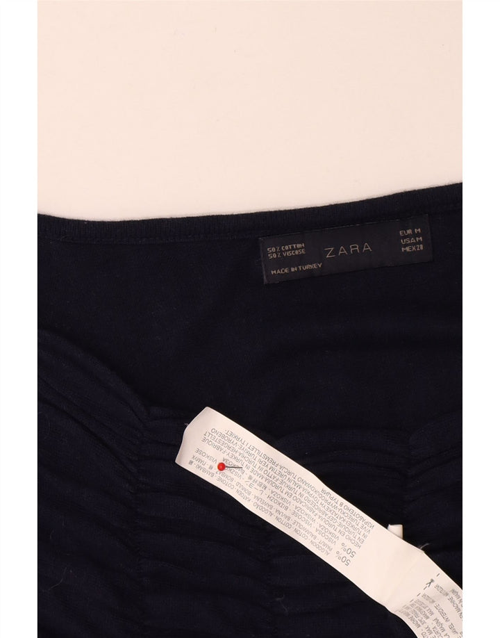 Zara Womens Top Long Sleeve UK 12 Medium Navy Blue Cotton