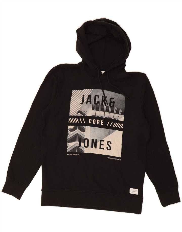 JACK & JONES Mens Core Graphic Hoodie Jumper Medium Black Cotton Vintage Jack & Jones and Second-Hand Jack & Jones from Messina Hembry 