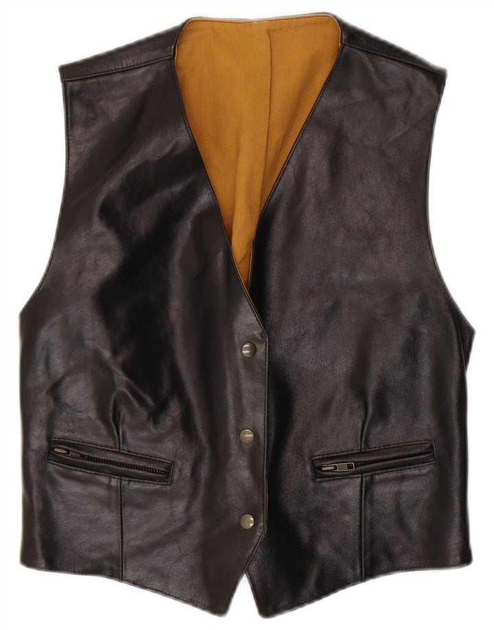 VINTAGE Womens Leather Waistcoat IT 46 Large Black Leather