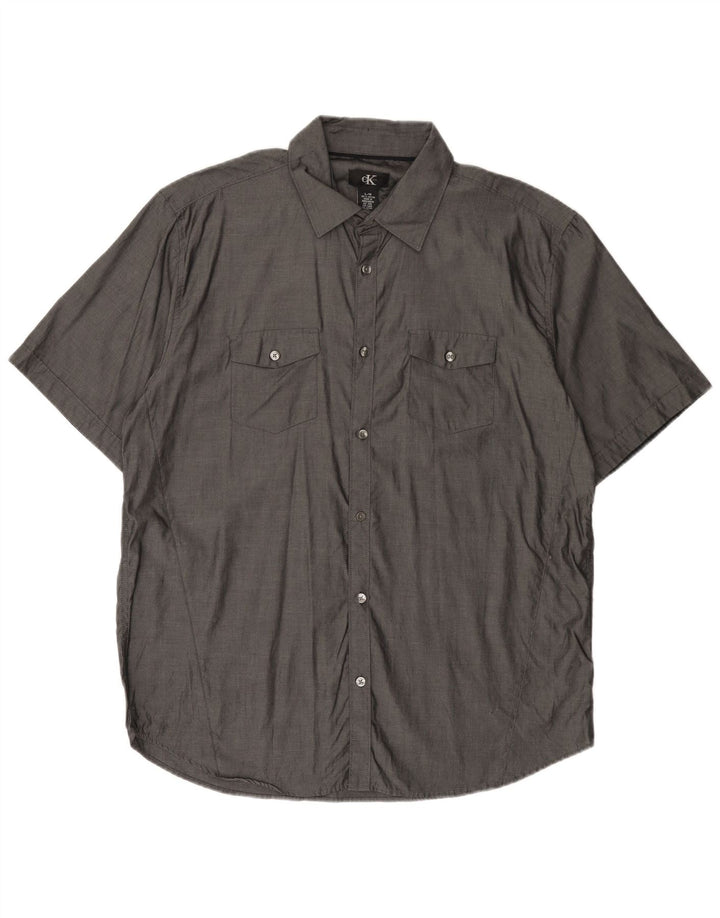 CALVIN KLEIN Mens Short Sleeve Shirt Large Grey Cotton