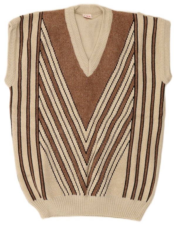 Vintage Mens Vest Tank Top 3XL Beige Striped Acrylic