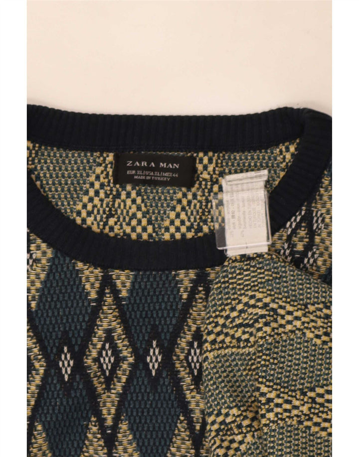 Zara Mens Crew Neck Jumper Sweater XL Multicoloured Argyle/Diamond Acrylic