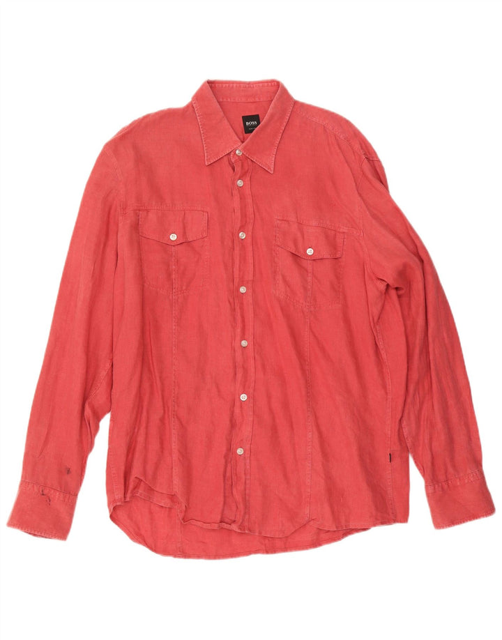 Hugo Boss Mens Slim Fit Shirt XL Red Linen