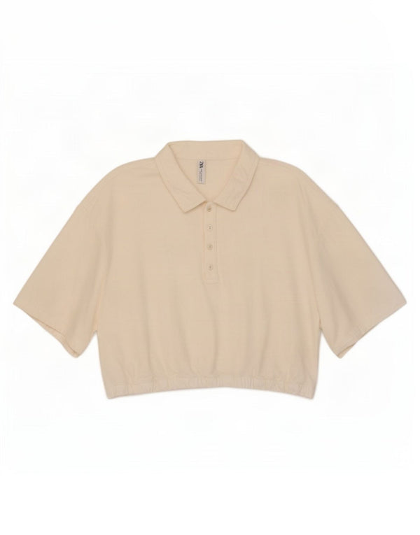 Zara Womens Crop Polo Shirt UK 16 XL White Cotton