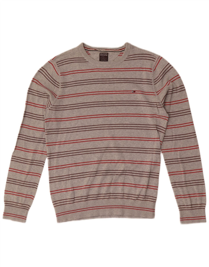 TOMMY HILFIGER Herre sweater med rund hals, mellemgrå stribet bomuld