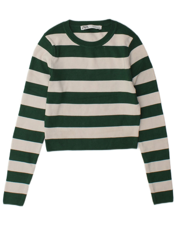 Maglione corto con scollo a barca da donna Zara UK 12 verde medio a righe