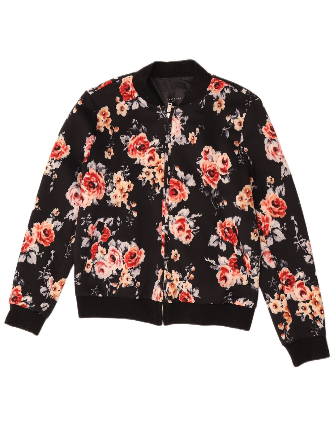 Zara Womens Bomber Jacket UK 12 Medium Black Floral Polyester