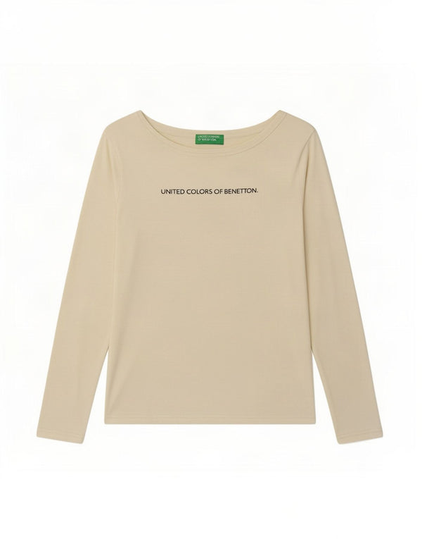 Benetton Dame Grafisk Top Langærmet UK 8 Small Beige