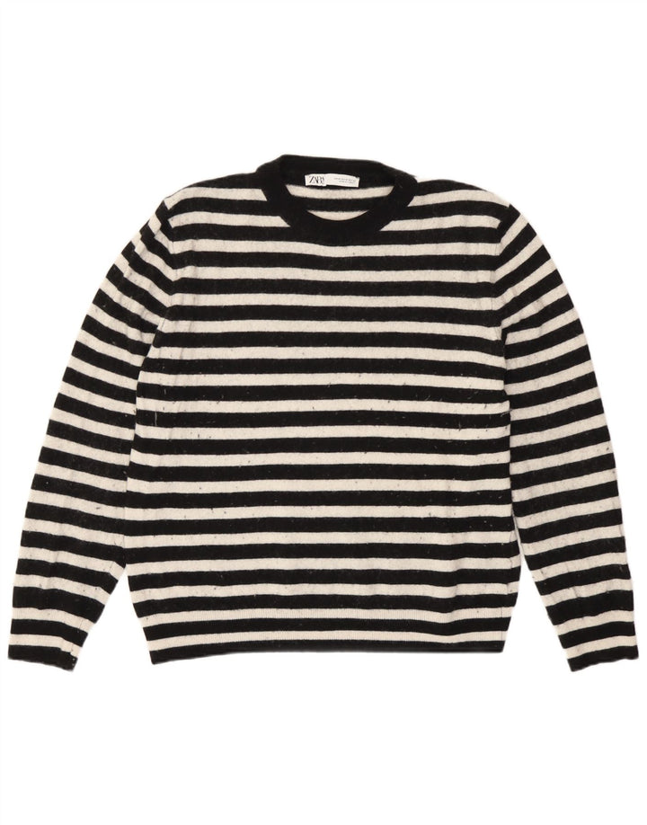Zara Womens Crew Neck Jumper Sweater UK 14 Medium Black Striped Polyamide