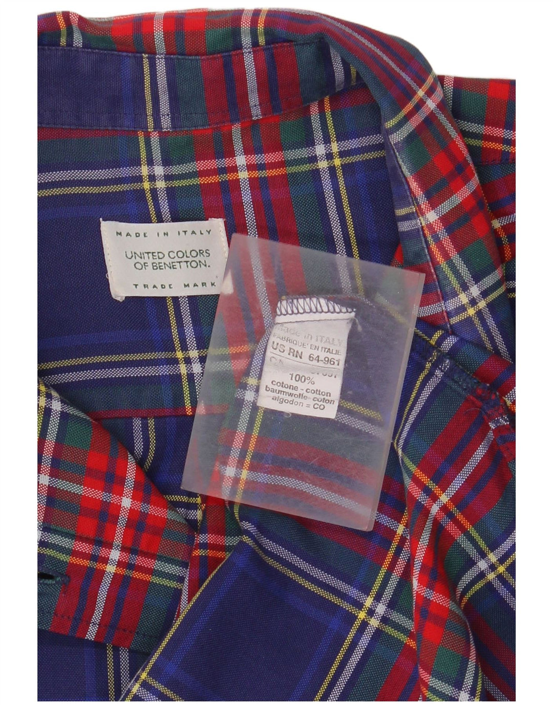 Benetton Mens Shirt Small Blue Plaid Cotton